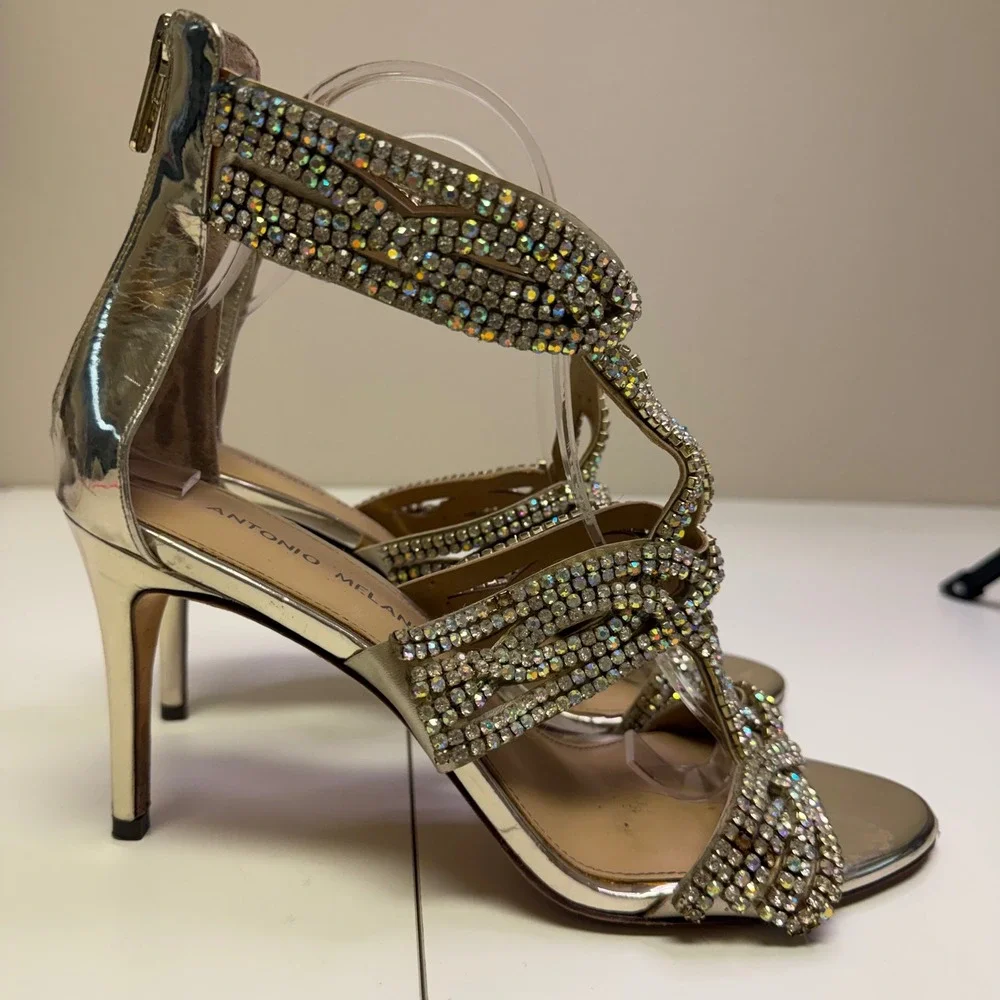 Antonio Melani Women 9M Gold Rhinestone Gladiator Stiletto Cage Heel‎ Sandals